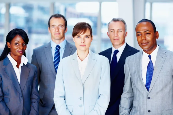 认真的行政团队排成一排 不同行业的男性和女性群体 — 图库照片