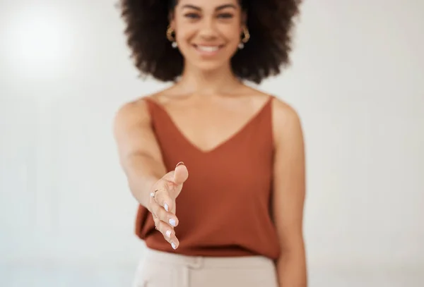 Business woman, handshake and portrait smile for meeting, greeting or recruitment hiring at the office. Hand of happy female recruiter shaking hands for thank you, welcome or deal in work agreement.