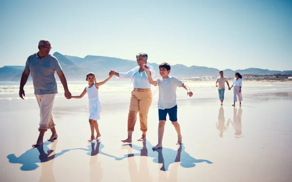 Beach Family Holding Hands Grandparents Children Playing Walking Ocean Sand — Stock Photo, Image