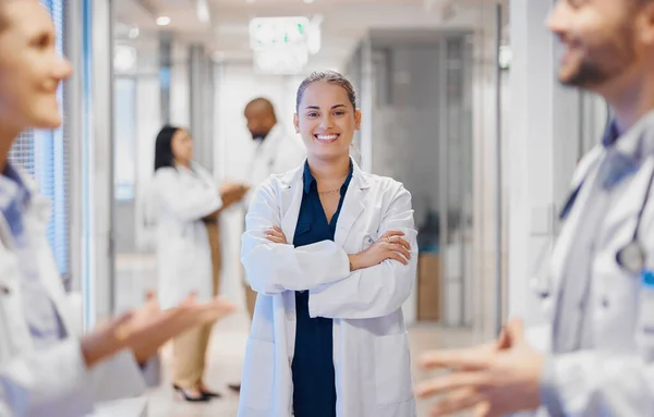 Proud Happy Woman Doctor Leadership Staff Management Hospital Workflow Clinic — Stock Photo, Image