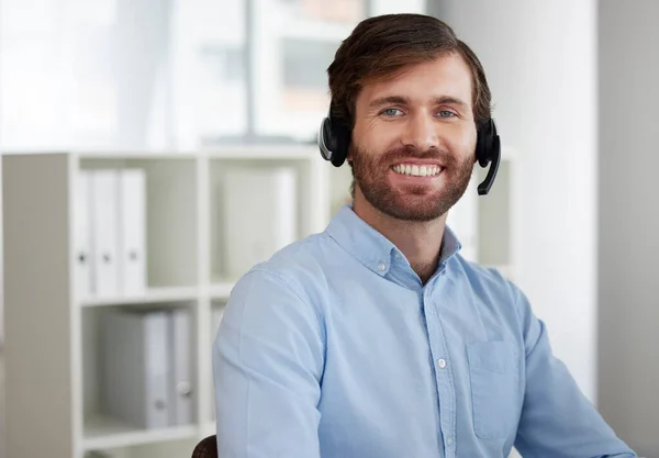 Smile Customer Support Portrait Man Call Center B2B Connection Contact — Stock Photo, Image