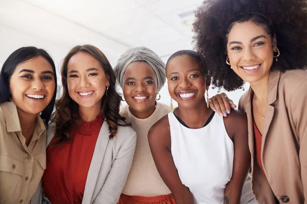 stock image Business people in portrait, selfie and happy team, work together and professional group with collaboration. Friends smile in picture, trust and diversity with women and support with female employees.