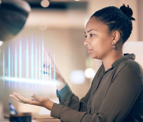 stock image Woman, hands and digital hologram at night for technology innovation or product placement at office. Female holding virtual, futuristic or holographic 3D dashboard working late on tech at workplace.