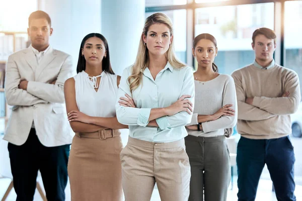 stock image Office, portrait and corporate team with crossed arms for confidence, collaboration and leadership. Diversity, staff and serious business people in collaboration standing together in the workplace