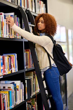 Biraz araştırma yapma zamanı. Üniversite kütüphanesindeki bir kitaplıktan kitap almaya çalışan genç bir kadın.