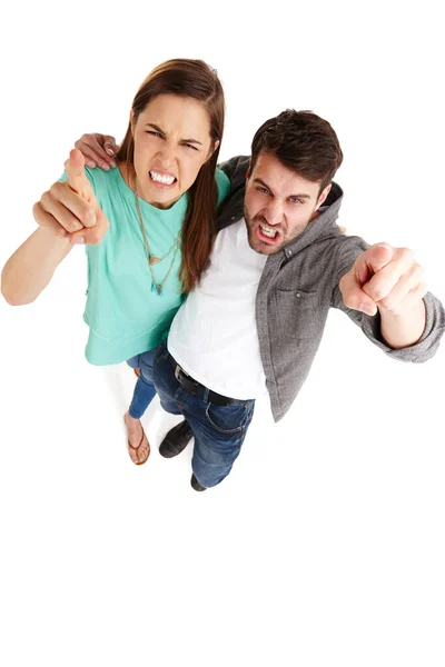 Hold You Accountable High Angle Shot Young Couple Studio Pointing — Stock Photo, Image