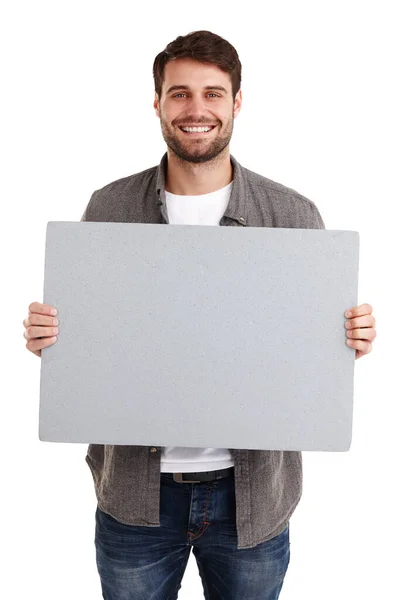 Proud Message Studio Portrait Smiling Young Man Holding Blank Poster — Stock Photo, Image
