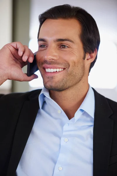 Glad Could Assistance Handsome Businessman Smiling While Talking Phone — Stock Photo, Image