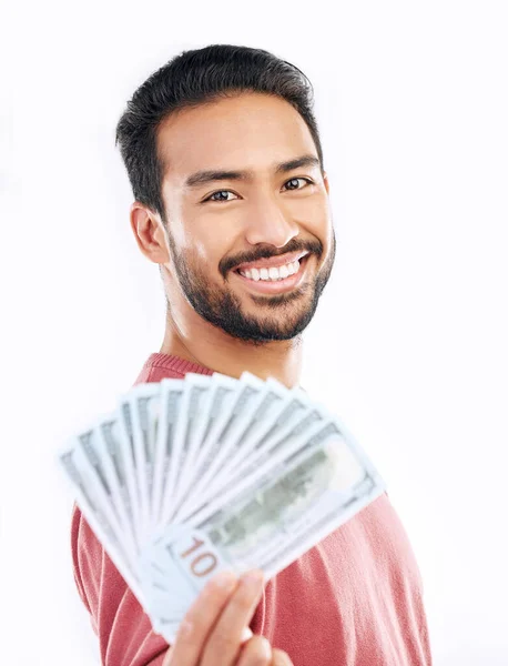 Pieniądze Inwestycje Gotówkowe Portret Człowieka Białym Tle Dla Budżetu Oszczędności — Zdjęcie stockowe