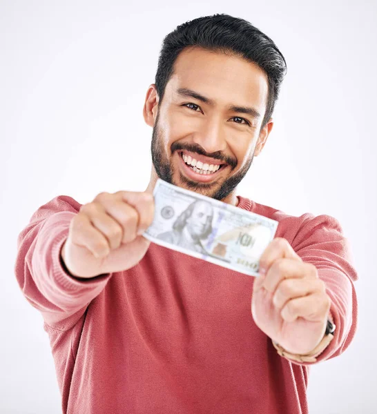 Dinero Efectivo Retrato Hombre Con Dólar Sobre Fondo Blanco Para —  Fotos de Stock