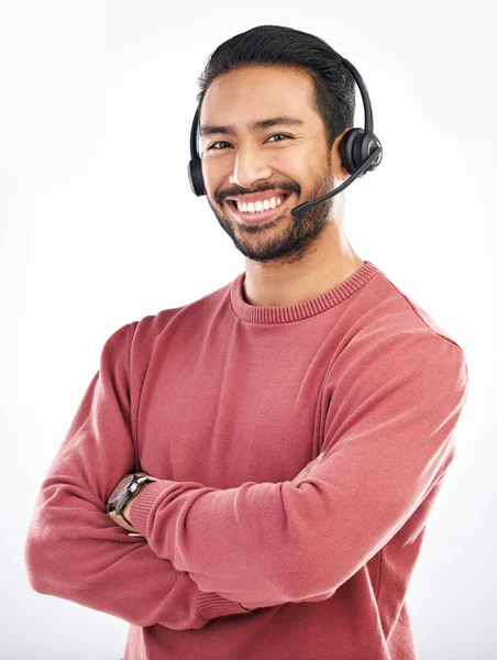 Confident Customer Service Face Portrait Happy Man Telemarketing Contact Crm — Stock Photo, Image