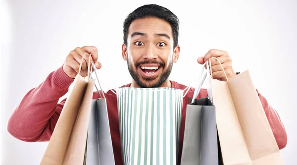 Wow Sale Portrait Man Shopping Bag Studio Excited Discount Purchase — Stock Photo, Image