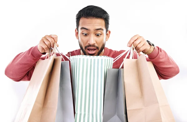 Vendita Wow Uomo Scioccato Con Shopping Bag Studio Eccitato Sconto — Foto Stock