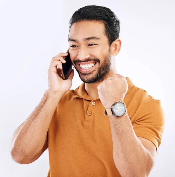 Телефонний Язок Новини Студії Щасливий Чоловік Відзначають Досягнення Досягнення Цілі — стокове фото
