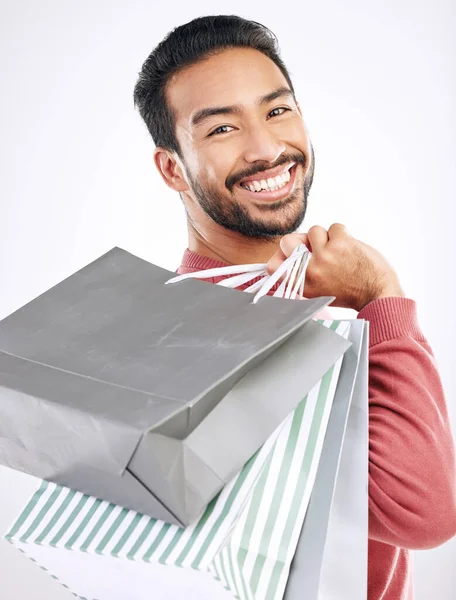 Ritratto Vendita Dettaglio Uomo Asiatico Con Shopping Bag Sorriso Sconto — Foto Stock