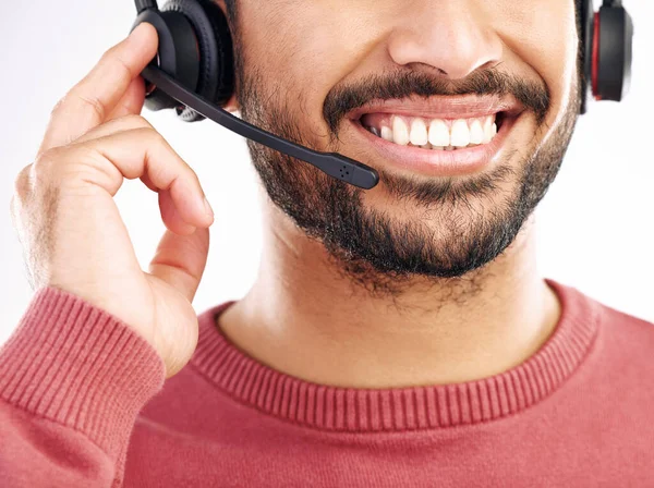Τηλεμάρκετινγκ Τηλεφωνικών Κέντρων Στόμα Ευτυχής Άνθρωπος Για Επικοινωνήσετε Μαζί Μας — Φωτογραφία Αρχείου