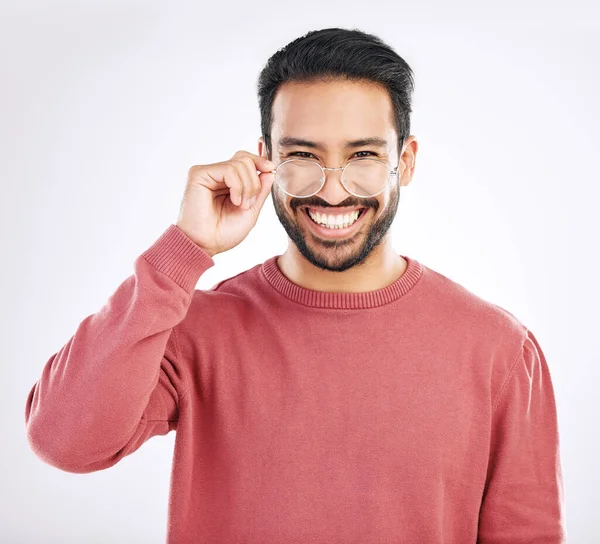 Gafas Hombre Feliz Retrato Estudio Con Una Sonrisa Visión Elección —  Fotos de Stock