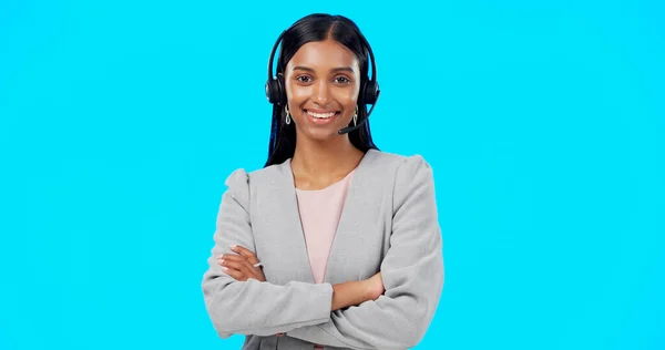 Call Center Portret Indiase Vrouw Studio Voor Communicatie Geïsoleerd Blauwe — Stockfoto