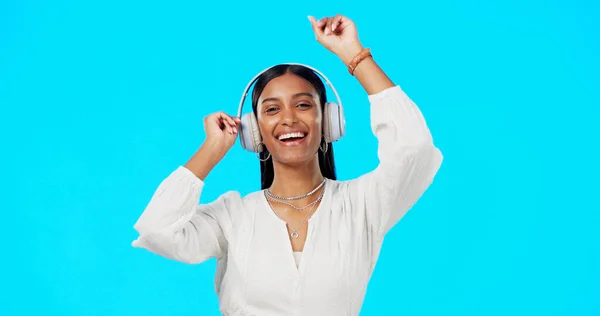 Visage Musique Femme Indienne Avec Casque Streaming Bonheur Sur Fond — Photo