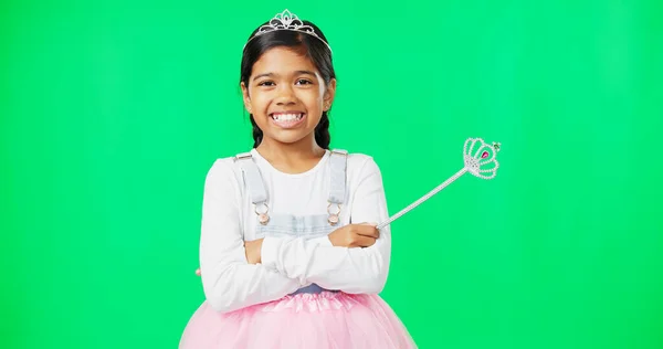 Dívka Dítě Princezna Tvář Zelené Obrazovce Studio Úsměvem Štěstí Hraní — Stock fotografie