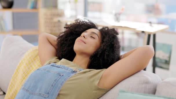 Woman Breathe Hands Head Sofa Living Room Freedom Calm Sleep — Stock Video
