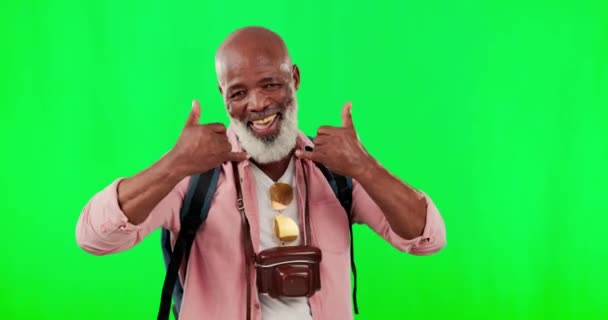 Homem Negro Sorriso Retrato Tela Verde Com Sinal Mão Shaka — Vídeo de Stock