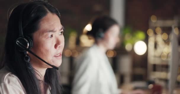 Crm Komunikace Nebo Asijské Ženy Poradenství Call Centru Pomoc Mluvení — Stock video