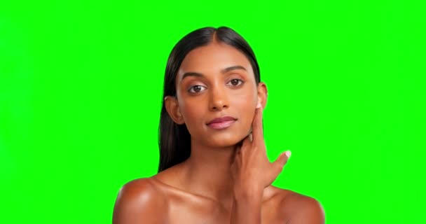 Gesicht Grüne Leinwand Und Frau Mit Hautpflege Schönheit Und Flirt — Stockvideo