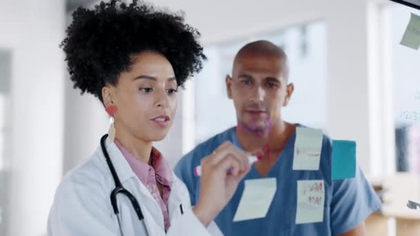 Doctor Team Schrijven Voor Planning Gezondheidszorg Taken Samen Glasbord Het — Stockvideo