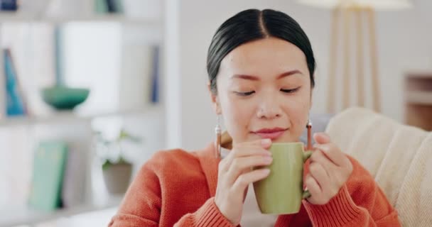 ソファの上で考え コーヒーとアジアの女性は インスピレーション 決定とリラックスして決定し リビングルームで落ち着いています 女性と女性のお茶 ラウンジでの動機とアイデア 平和と感謝 — ストック動画