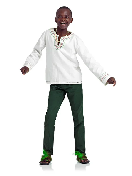 Lets Dance Studio Shot African Teenage Boy Dancing White Background — Stock Photo, Image