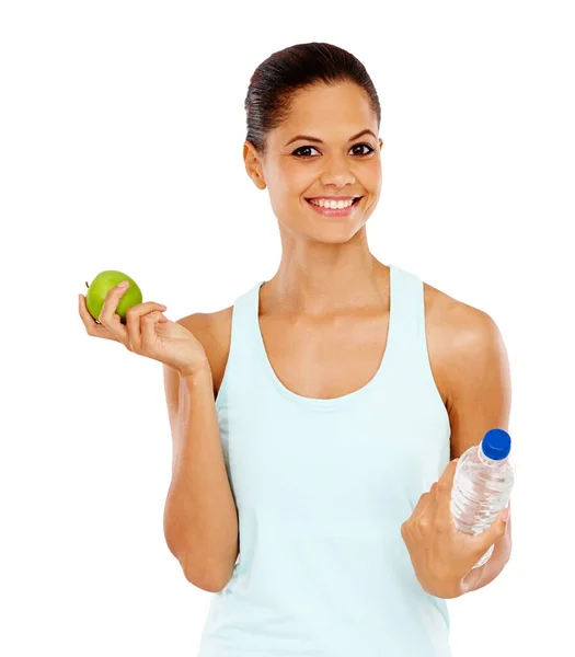 Zdrowy Portret Atrakcyjnej Młodej Kobiety Trzymającej Jabłko Butelkę Wody — Zdjęcie stockowe