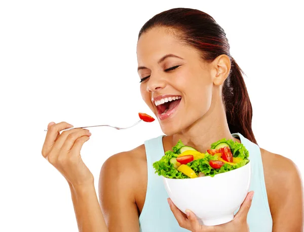 Uma Boa Salada Degustação Retrato Uma Bela Jovem Mulher Comendo — Fotografia de Stock