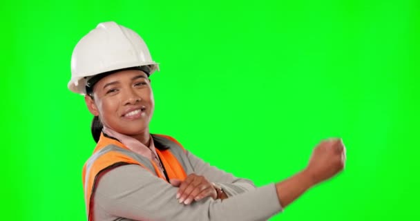 Bicep Construction Worker Woman Green Screen Background Studio Flexing Strong — Stock Video