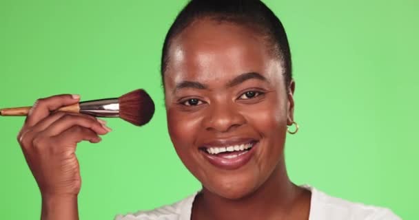 Mulher Negra Pincel Maquiagem Retrato Tela Verde Para Beleza Cosméticos — Vídeo de Stock