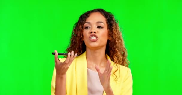 Speaker Phone Call Angry Woman Green Screen While Arguing Annoyed — Stock Video