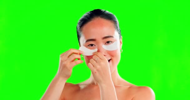 Hautpflege Gesicht Und Asiatische Frau Mit Augenklappen Auf Grünem Bildschirm — Stockvideo