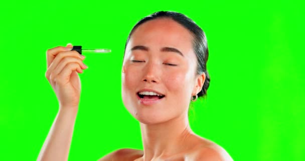 Πρόσωπο Ομορφιά Skincare Και Ασιατική Γυναίκα Ορό Στην Πράσινη Οθόνη — Αρχείο Βίντεο