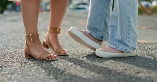 Feet Closeup Women Road Shy Flirting While First Date City — Stock Video