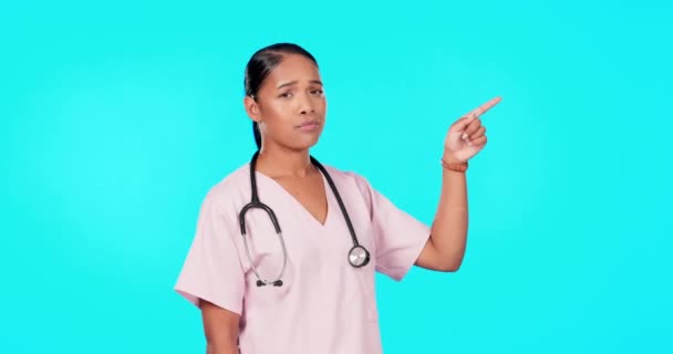 Woman Doctor Point Studio Mockup Healthcare Decision Tips Menu Blue — Stock Video