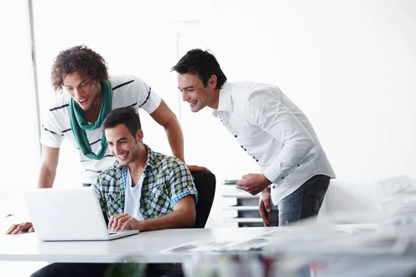 Check Out Funny Mail Three Male Coworkers Working Office Together Stock Photo