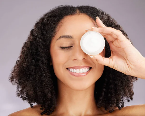 Happy Woman Face Smile Skincare Moisturizer Beauty Gray Studio Background — Stock Photo, Image