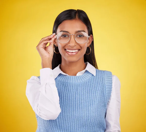 Kacamata Bahagia Dan Potret Wanita Studio Untuk Kacamata Visi Dan — Stok Foto