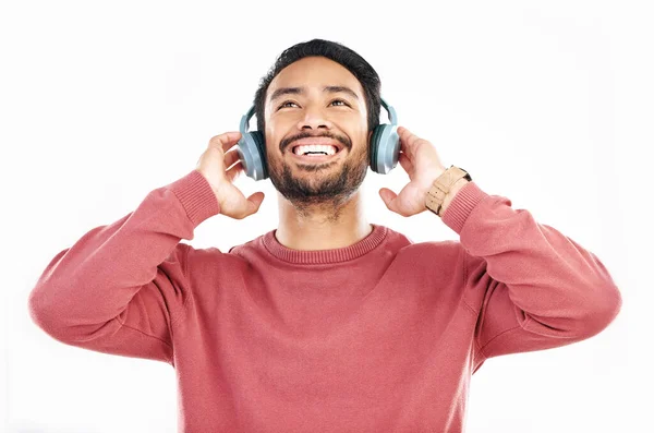 Auscultadores Sorriso Música Homem Feliz Estúdio Isolado Fundo Branco Streaming — Fotografia de Stock