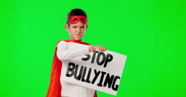 Υπερήρωα Σταμάτα Τον Εκφοβισμό Και Αγόρι Πινακίδα Πράσινη Οθόνη Και — Αρχείο Βίντεο