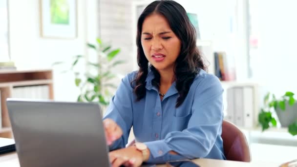 Asian Woman Laptop Shoulder Pain Office Desk Suffering Burnout Stress — Stock Video