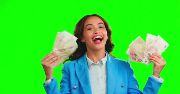Ευτυχισμένη Γυναίκα Πράσινη Οθόνη Και Ανεμιστήρα Χρήματα Mockup Αποταμιεύσεις Κέρδη — Αρχείο Βίντεο