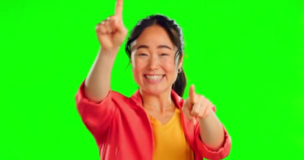Green Screen Face Woman Your Hands Thumbs Happy Winner Mockup — стоковое видео