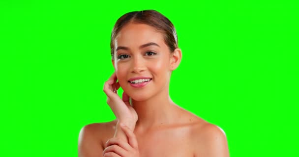 Chica Belleza Cuidado Piel Por Pantalla Verde Estudio Con Cara — Vídeos de Stock