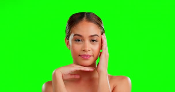 Зеленый Экран Кожа Руки Лице Женщины Студии Красоты Косметики Ухода — стоковое видео